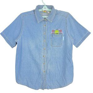 Looney Tunes Women Embroidery Tweety Bird Button Short Sleeve Blue Shirt 14W/16W